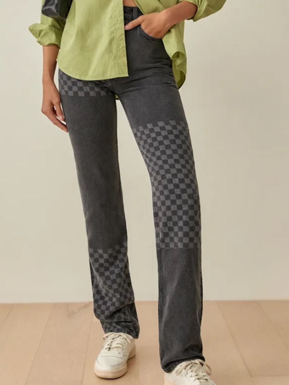 Reformation Cynthia Long Checkerboard Jeans in Washed Black